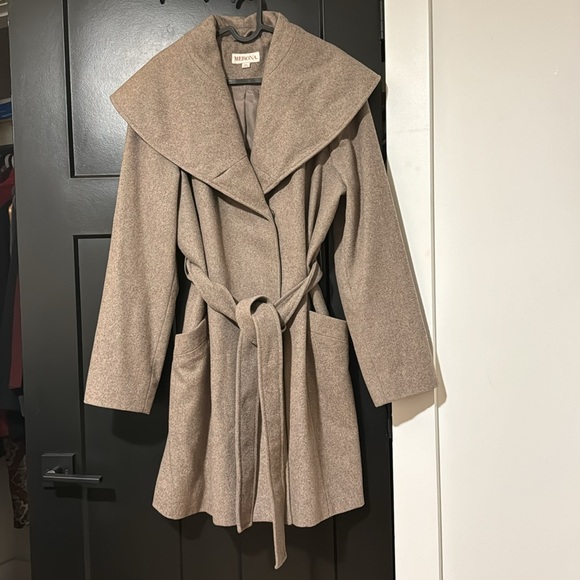Merona Wool Blend Oatmeal/ Grey Color Long Peacoat with Belt - Picture 1 of 13